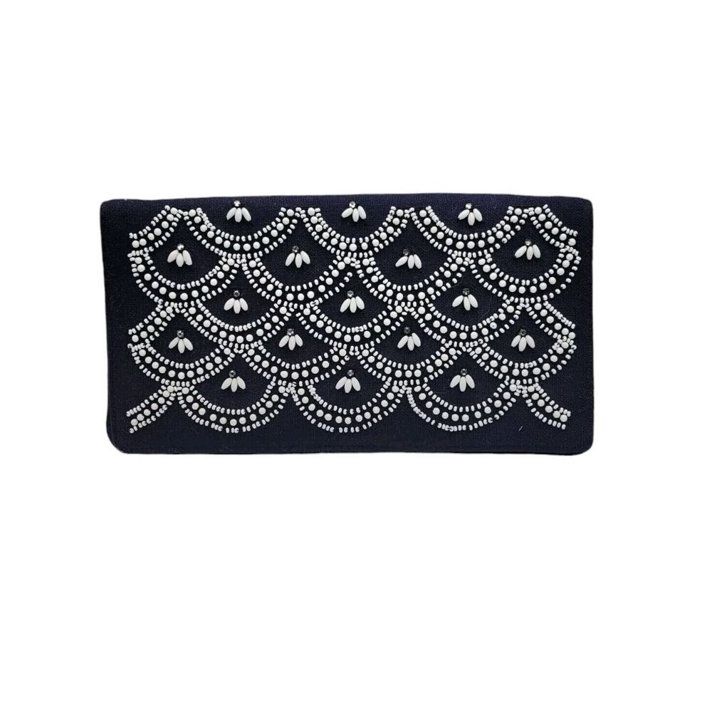 Vintage Soure Navy Blue White Rhinestone Beaded Envelope Clutch Handbag Purse